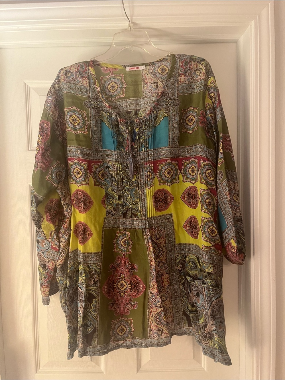 Johnny Was Boho Patchwork Printed Silk Tunic Top - Olive & Yellow